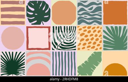 Beige seamless tiled pattern. Hand-drawn exotic plant, tropical leaves, waves, stripes, sun, dots background decor. Vector boho green jungle illustrat Stock Vector