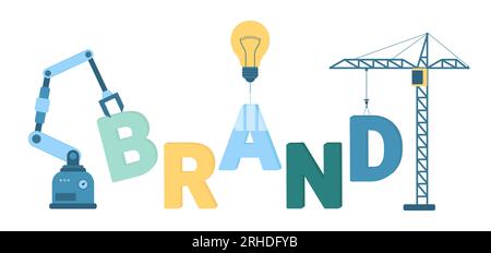 Automation in brand creation and development vector illustration. Cartoon isolated futuristic factory robot arm and construction crane build Brand word, create identity and commercial trends with AI Stock Vector