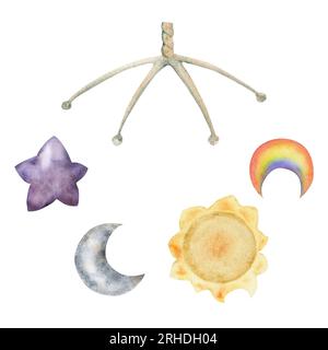 Watercolor hand drawn illustration, magical cosmos universe items, mobile with sun stars planets, rainbow. Single object isolated on white background Stock Photo