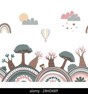 Horizontal nursery seamless doodle background with textured hills, sky, and doodle adenium and dragon trees. Cartoon hand drawn vector border Stock Vector