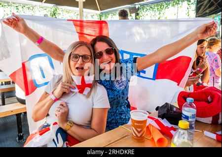 London, UK. 16th Aug, 2023. Fans in the Boxpark Shoreditch to watch the Lionesses in the the England v Australia, FIFA World Cup semi final. Credit: Guy Bell/Alamy Live News Stock Photo