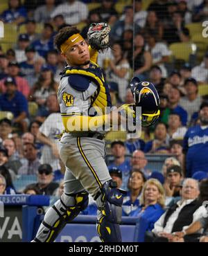 Milwaukee Brewers catcher William Contreras hugsAtlanta Braves in 2023