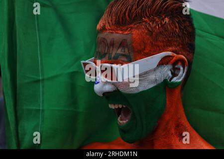 Srinagar, India. 15th Aug, 2023. August 15, 2023, Srinagar Kashmir, India : A supporter of Akhil Bharatiya Vidyarthi Parishad (ABVP) shout pro-India slogans during India's 77th Independence Day celebrations in Srinagar. On August 15, 2023 in Srinagar Kashmir, India. (Photo By Firdous Nazir/Eyepix Group/Sipa USA) Credit: Sipa USA/Alamy Live News Stock Photo