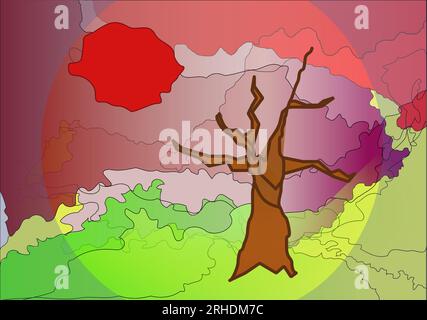 a lonely tree against the red background of the sunset is made of curved neural lines Stock Vector