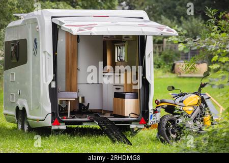 Duisburg Germany. 16th Aug 2023. A motorcycle stands next to the