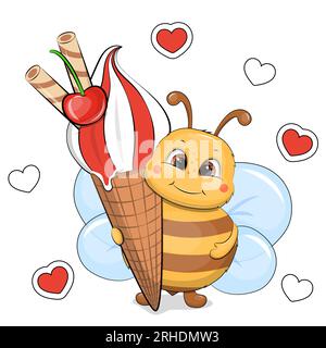 Cute cartoon bee with big ice cream. Summer animal vector illustration on white background with red hearts. Stock Vector