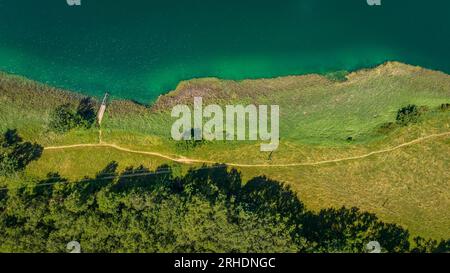 Aerial view of the Montcortès lake on a summer afternoon (Pallars Sobirà, Lleida, Catalonia, Spain, Pyrenees) ESP: Vista aérea del lago de Montcortès Stock Photo