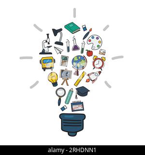 Education icons in Light bulb shape color doodle style. Vector Illustration Stock Vector