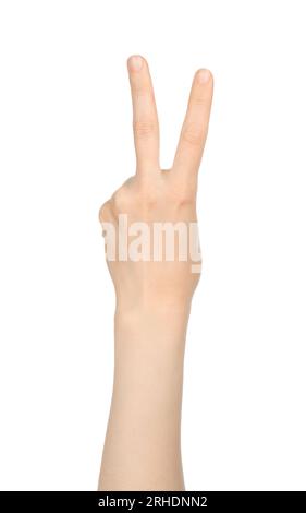 Woman hand shows finger-counting, on white background close-up Stock Photo