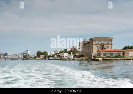 View of Sete from water bus heading towards Meze, Herault, Occitanie, France Stock Photo