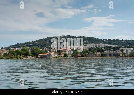 View of Sete from water bus heading towards Meze, Herault, Occitanie, France Stock Photo