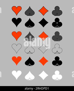 Poker playing cards suits symbols - spades hearts diamonds and clubs. Blackjack card icons isolated on gray background. Playing card. Stock Vector