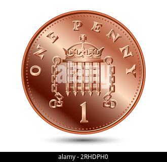 British one bronze coin penny with portcullis and crown isolated on white background. Vector illustration. Stock Vector