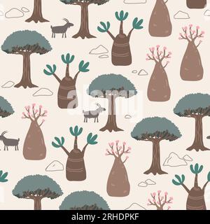 Dragon adenium obesum and blood dragon tree and goats that eat them, seamless pattern. Socotra island dragon tree extinct problem background, vector Stock Vector