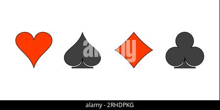 Poker playing cards suits symbols - spades hearts diamonds and clubs. Blackjack card icons isolated on white background. Playing card. Stock Vector