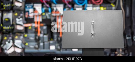 Blank price board, abstract blurred background of Sport store in Shopping Mall. Smart store management systems concept Stock Photo