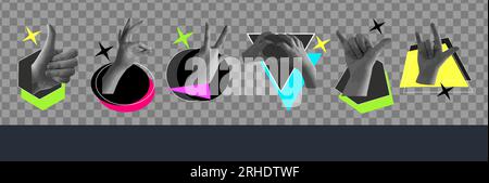 Hands and different gestures set. contemporary art. Retro halftone effect. Vector illustration Stock Vector