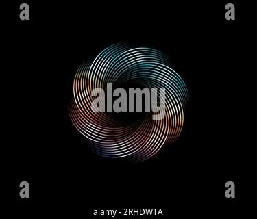 Metallic Abstract Flower Vortex, vector geometric circles logo design isolated on black background. Technology round in wave colorful elements Stock Vector