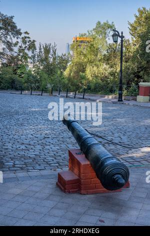 An antique Spanish cannon on the Caupolican Terrace on Cerro Santa Lucia or Santa Lucia Hill in Santiago, Chile. Stock Photo