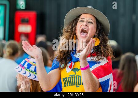 London, UK. 16th Aug, 2023. An ausie fan from Sydney may be outnumbered but makes up for it in passion - Fans in the Boxpark Shoreditch to watch the Lionesses in the the England v Australia, FIFA World Cup semi final. Credit: Guy Bell/Alamy Live News Stock Photo