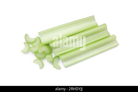 Fresh cut celery stalks isolated on white, top view Stock Photo