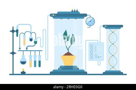 Biotechnology laboratory research vector illustration. Cartoon isolated lab equipment system for science experiment, futuristic plant cultivation and breeding of green sprouts in pot and test tubes Stock Vector