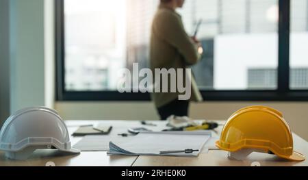 Engineer working wear worker helmets hardhat on construction site Stock Photo