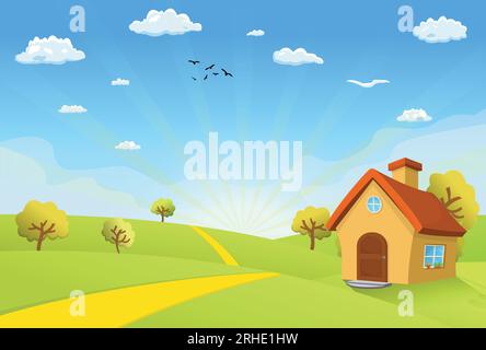 Lovely nature landscape sunset illustration, with stylish flat design, house, trees, banner and field cartoon background Stock Vector