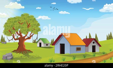 Lovely nature landscape village illustration, with stylish flat design, trees, banner and green field cartoon background Stock Vector