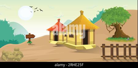 Lovely nature landscape village on a hill evening illustration, with stylish flat design, trees, banner and field cartoon background Stock Vector