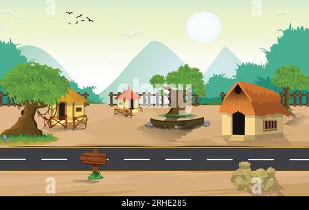 Lovely nature landscape village evening illustration, with stylish flat design, road, trees, banner and sand field cartoon background Stock Vector