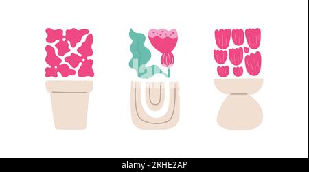 Abstract flowers composition in vases. Bright pink tulips, bell, hydrangea for card, poster, wall art. Stock Vector
