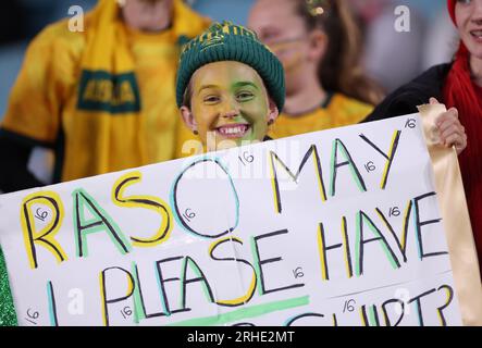Sydney, Australia. 16th Aug, 2023. An Australia fan is seen before the semifinal between Australia and England at the 2023 FIFA Women's World Cup in Sydney, Australia, Aug. 16, 2023. Credit: Ding Xu/Xinhua/Alamy Live News Stock Photo