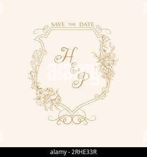 HP Initial Wedding Crest Logo Monogram. Save the Date Design with Roses and Peonies, Floral Wedding Crest Design. Stock Vector