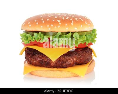 Big hamburger with big beef cutlet on white background close-up Stock Photo