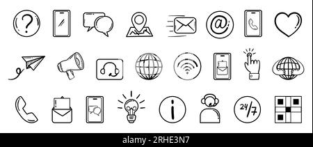 Contact us icon collection in hand drawn doodle outline style. Vector set with customer support black and white symbols - chat, email, phone and other Stock Vector