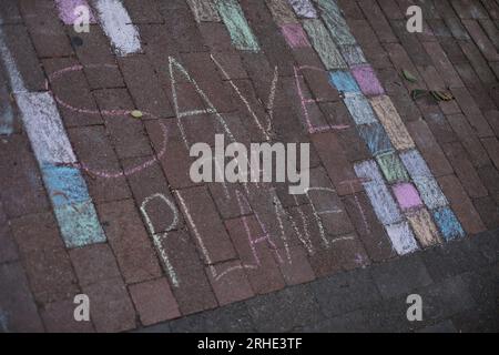 Save The Planet, in Children's Chalk writing on the brick pavement in rainbow colours, bricks coloured in pink blue, yellow, green and white Stock Photo