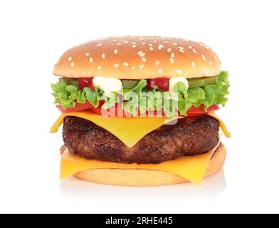 Big hamburger with big beef cutlet on white background close-up Stock Photo