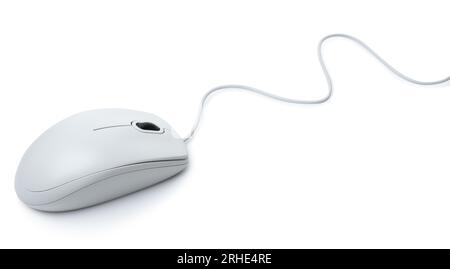 White modern wired computer mouse on white background. Computer technology concept Stock Photo