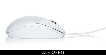 White modern wired computer mouse on white background. Computer technology concept Stock Photo