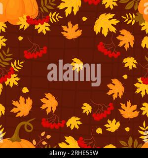 Fall seamless pattern. Bunches red rowan berry with autumn leaves with pumpkin on brown checkered background. Vector autumnal illustration for design, Stock Vector
