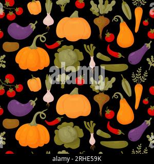 Vegetable seamless pattern. Fresh organic tomatoes, pumpkin, eggplant, peppers and peas with carrots, cucumbers on black background. Vector illustrati Stock Vector