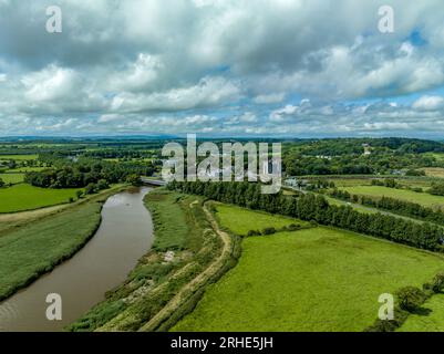 Aerial view of Bunratty Castle  large 15th-century tower house in County Clare in Ireland guarding the crossing on the Ralty river before it reaches t Stock Photo