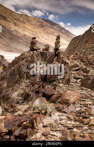 India, Ladakh, Nubra Valley, Yarab Tso, the ‘hidden lake’ stone cairn Stock Photo