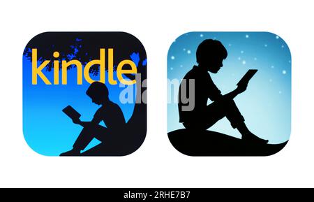 Kiev, Ukraine - August 28, 2022: Old and New icons of Amazon Kindle mobile app, printed on white paper. Amazon Kindle is a series of e-readers designe Stock Photo