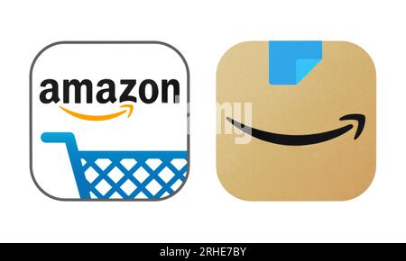 Kiev, Ukraine - August 28, 2022: Old and New icons of Amazon mobile app, printed on white paper. Amazon.com is an American multinational technology co Stock Photo