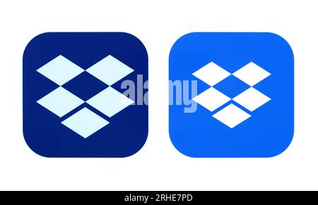 Kiev, Ukraine - August 28, 2022: New and old Dropbox icons printed on white paper. Dropbox is a file hosting service operated by the American company Stock Photo