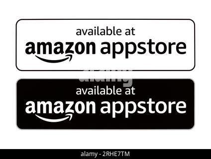 Kiev, Ukraine - August 28, 2022: Black and white Available at Amazon AppStore button icons, printed on paper. The Amazon Appstore is an app store for Stock Photo