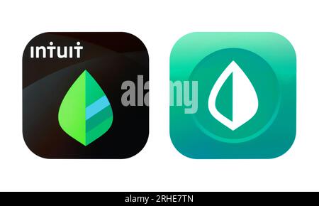 Kiev, Ukraine - August 28, 2022: Old and New icons of Intuit app, printed on paper. Intuit is an American business software company that specializes i Stock Photo