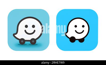 Kiev, Ukraine - August 28, 2022: New and old Waze mobile app icons, printed on paper. Waze is a subsidiary company of Google that provides satellite n Stock Photo